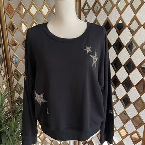 Karen Kane Black Crew Neck Long Sleeve Sweatshirt with Star Embellishments